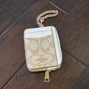Coach Tan and White Card Holder with Gold Chain